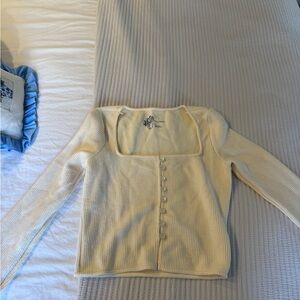Anthropologie Cream Square-Neck Button-Front Ribbed Sweater